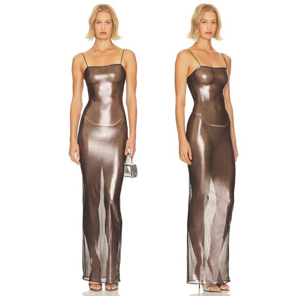 NEW SUBSURFACE The Liquid Slip Maxi Dress in Onyx Metallic Liquid Sheer Black - Picture 2 of 2